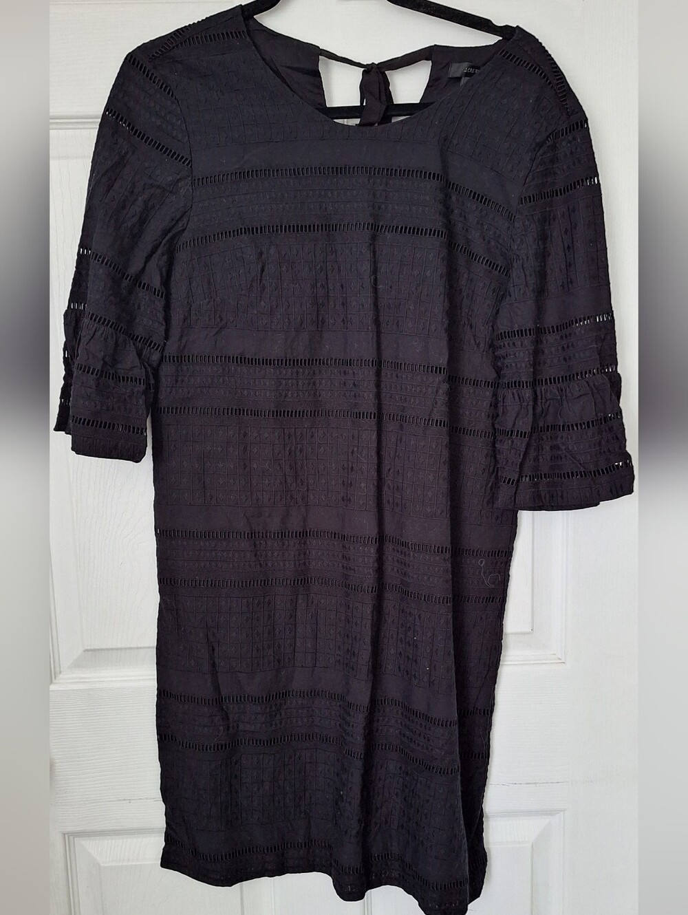 J.Crew Black Textured Eyelet Shift Dress 6T Tie Back 3/4 Sleeve